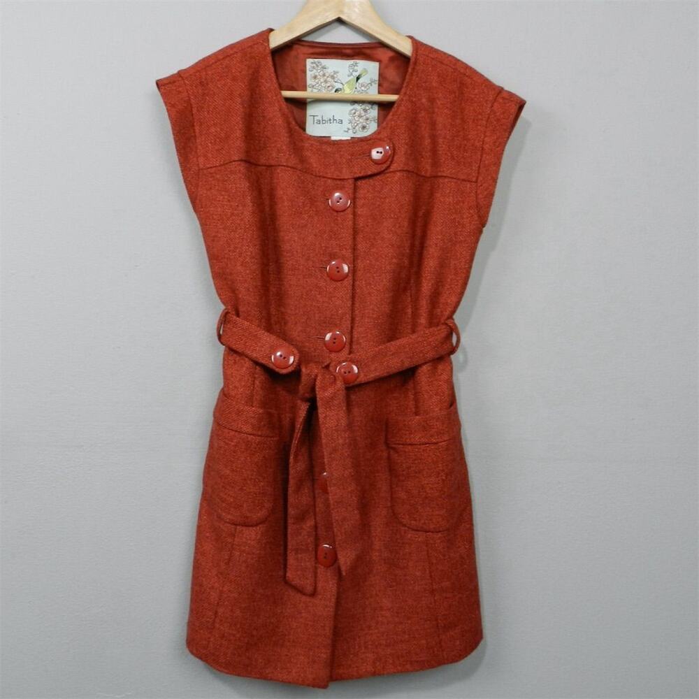 Anthropologie Tabitha Blustery Days Vest Size 6 Rust Orange Tweed Belted Jacket - Picture 2 of 15